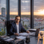 księgowy przed biurkiem w wieżowcu