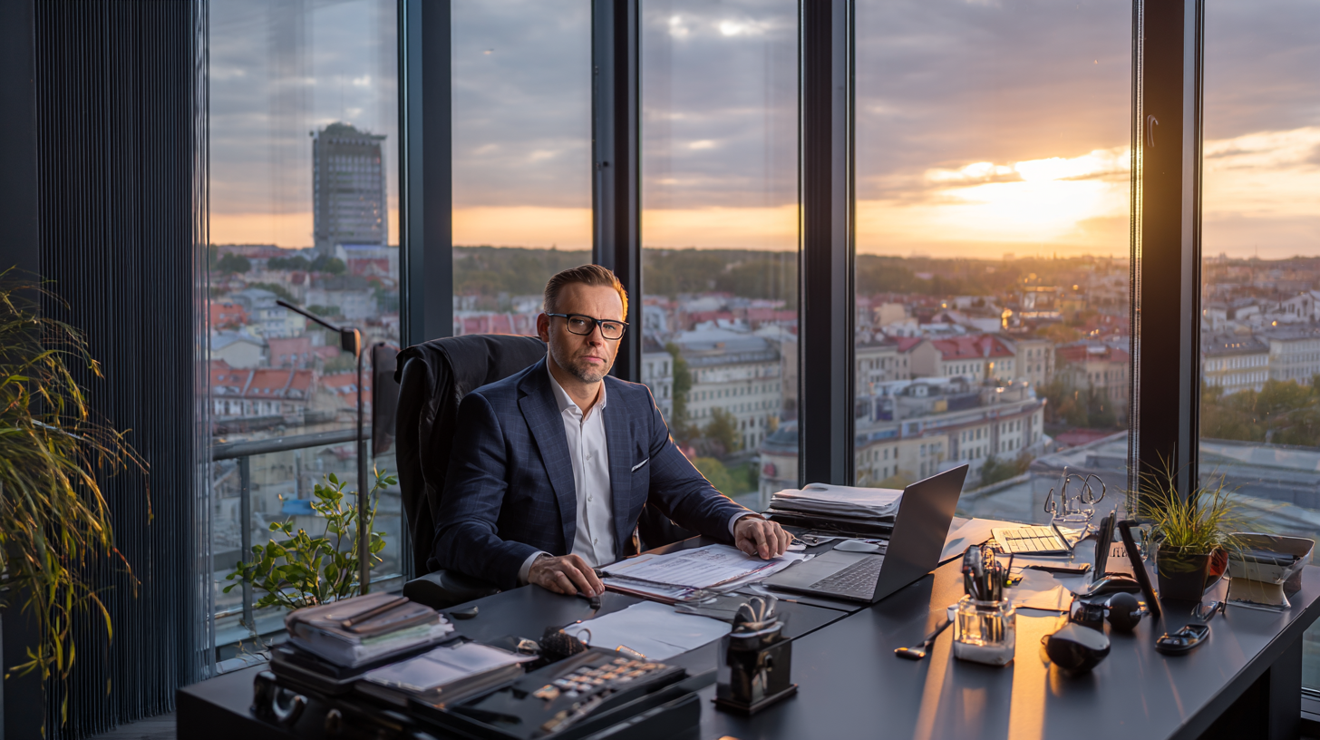 księgowy przed biurkiem w wieżowcu